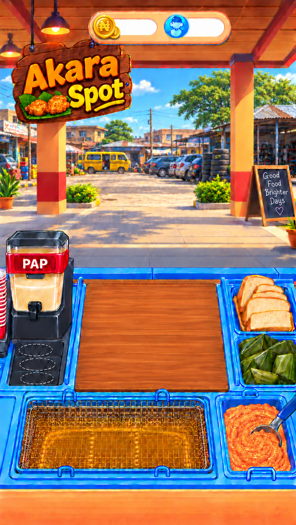 Akara Spot kitchen with deep newspaper-print bowls at a Nigerian car park and mechanic garage